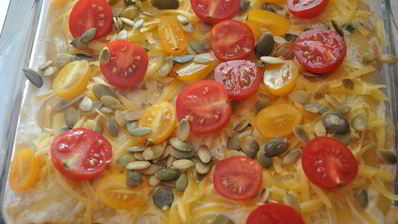 лазанья с кабачками и помидорами с сыром джюгас