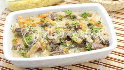 печень тушеная с грибами