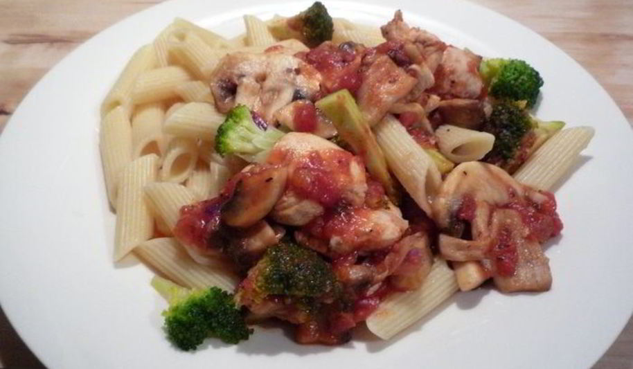 Рецепт грибного рагу с куриной грудкой и макаронами