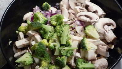 грибное рагу с куриной грудкой и макаронами