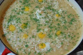 Ризотто с перепелиными яйцами и копченым салом