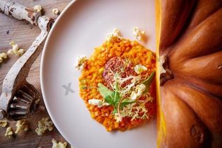 Тыквенное ризотто с котлетами из морепродуктов