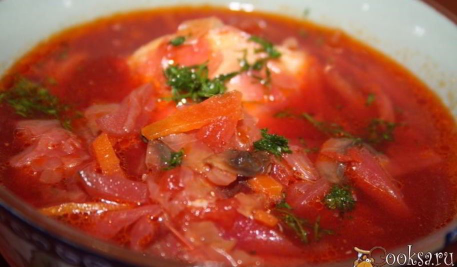 Рецепт борща с шампиньонами на куриных окорочках