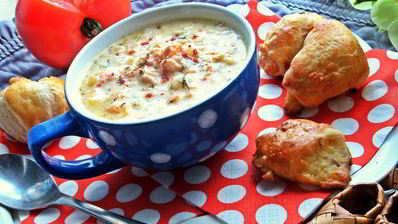 сырный суп с лососем и рисом