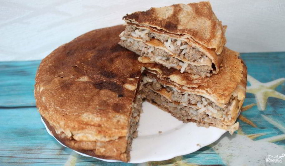 Рецепт блинного пирога с мясом