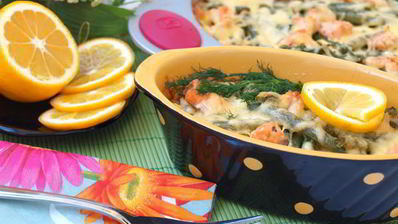 рисовая запеканка с лососем и стручковой фасолью