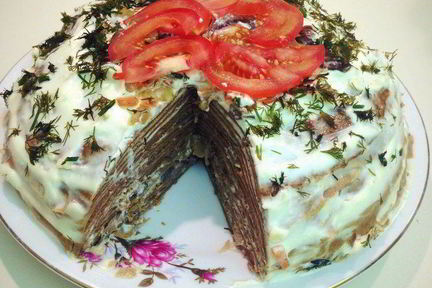 Печеночный торт с грибами